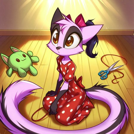 Dreamkeepers,1girl,Prelude_Vi,solo,furry,tail,source_furry,hazel eyes,
child, kid, 
needle, thread, plushie, fabric_scraps, scissors, polka_dot_dress, wooden_floor, sunlight, ribbon