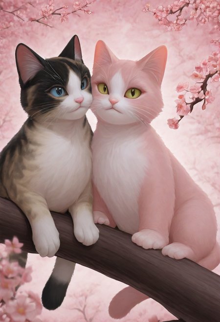masterpiece, best quality, absurdres, cats sitting on a tree branch, facing each other in an intimate and harmonious pose. The left cat is black, while the right cat is white, creating a striking contrast. They are surrounded by delicate, blooming branches with small flowers, adding a serene and romantic atmosphere. The background is softly blurred, focusing the viewer's attention on the cats and their interaction. The lighting is soft, emphasizing the texture of their fur and the gentle ambiance of the scene. pink heart in front of them, white sphere in the background, HANA4
