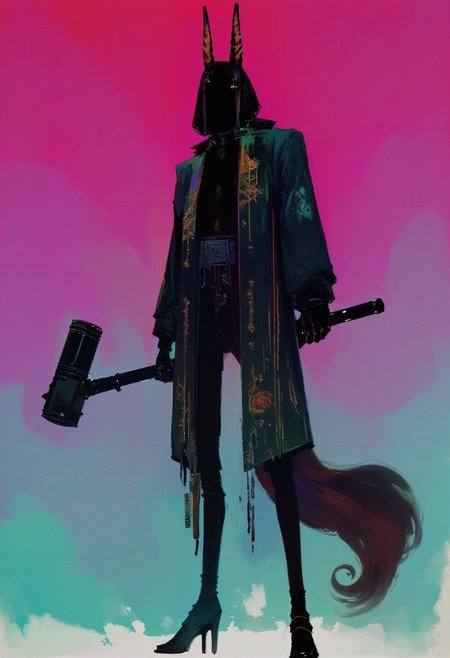 Japanese girl with long kitsune ears,long eyelashes, long black bob, face obscured by hair, high heels, black stockings, standing imposingly holding a sledgehammer, looking slightly down to the camera,neon grunge, in profile, front view, surrealism, pencils, fashion illustration, gradient magenta and teal background, avant-garde, vivid colors, filigrie, photorealistic rendering, mody chiaroscuro lighting