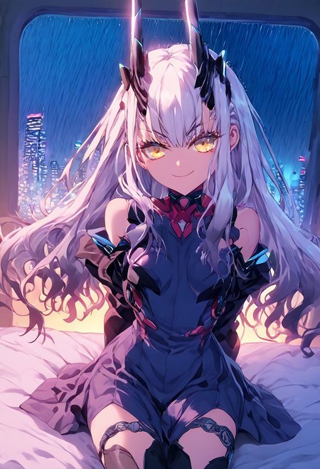 anipai_style, anime screencap, source_anime, anime coloring, (score 9,score_8_up, score_7_up, score_6_up),forked eyebrows, white hair, long hair, gradient hair, yellow eyes, v-shaped eyebrows, thigh boots,dynamic pose,dynamic angle,cowboy-shot, smile,bare shoulder,sitting on bed,bodysuit,thighs cutout,shoulder cutout, military jacket,small room, cramped bedroom, cyberpunk city view out of the window, rain, rain outside, rain on the window ,headgear like horn,arms behind back, ng_deepnegative_v1_75t, by hiroyama_hirosh,