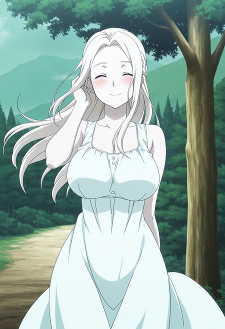 1girl,solo,mm,mature female,long hair,white hair,large breasts,pale skin,anime coloring, anime screenshot, braid, 
sundress, wind,nature, tree,hand in own hair, closed eyes, smile,blush,facing viewer, 
,masterpiece,best quality,amazing quality,<lora:Leonora_Nakiri-Shokugeki_no_Souma_r2:0.8>