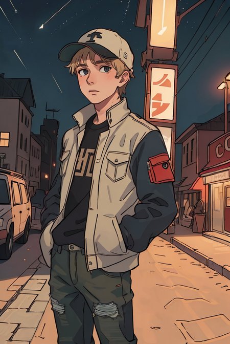 (masterpiece, best quality, high quality, highres, ultra-detailed), city, scenery, night, building, sign, cityscape, pantyhose, skyscraper, street lights, 
solo, 1boy, gray eyes, short Crew Cut, sand blonde hair, triangular face, looking at viewer, outdoors, hands in pockets, khaki jacket, black  loose jeans, black baseball cap, 
AS-Adult, Asian-Less, OverallDetail,