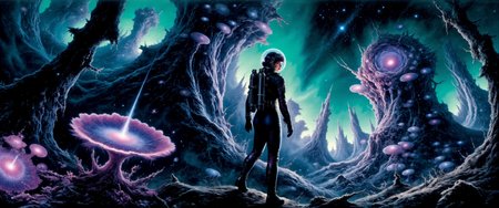 a female galactic explorer in a retrofuturistic astronaut suit is surveying a primordial distant world teeming with life and wonders, alien environment, bioluminescent flora glowing softly in vibrant hues of teal, purple, and cyan, massive, towering plants with translucent leaves reach into the night sky, casting an ethereal glow across the landscape, strange, otherworldly fungi emit a faint luminescence from the forest floor, delicate glowing spores float gently in the air, illuminating the thick, misty atmosphere, jagged alien rock formations rise in the distance, bathed in the soft glow of distant twin moons, the explorer, wearing a sleek spacesuit with a symmetrical elegant futuristic jetpack, looks over her shoulder, seemingly waiting for the viewer to follow, her silhouette partially illuminated by the ambient light of the flora, her figure dwarfed by the grandeur of the surreal landscape, mysterious bizarre extraterrestrial creatures watch from the shadows, the air is thick with an ancient, untouched magic, as if the world itself holds secrets of the universe, james webb space telescope, nebula in the sky, dark corners, <lora:james_webb_space_telescope-flux-by_motimalu:0.36> <lora:style-fantastic_landscapes-flux-by_artifyai:0.16>  <lora:style-adventure_comic_book-flux-by_andreac75:0.8> <lora:style-dark_landscapes-flux-by_andreac75:0.52> <lora:image_enhancer-flux-by_dever:0.8>