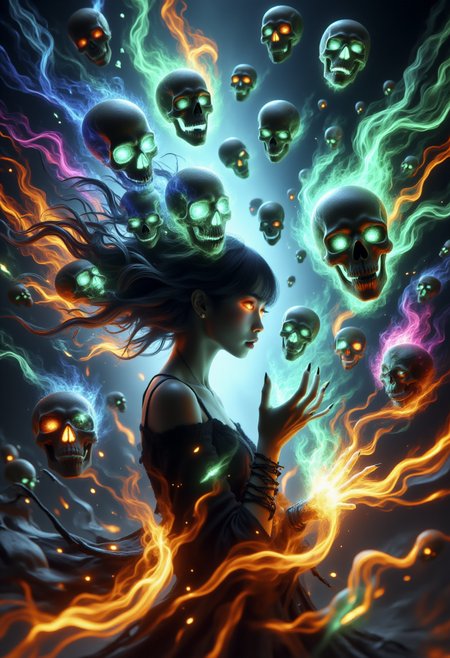 skelewitch, This is a highly detailed digital, cinematic close-up shot of a beautiful Asian girl, she has long floating wavy hair made entirely of swirling vortex of colorful flame-formed skulls and skeletons, radiant glowing eyes, amidst ethereal aura, pulsing energy flow, and turbulent wind whispers. As the only light source come from her, emphasize the isolated atmosphere. <lora:Skelewitch_v2:1.0> <lora:aidmaImageUpgrader-FLUX-V0.2:0.2> <lora:aidmaHyperRealism-FLUX-V0.2:0.35> <lora:aidmaFLUXpro1.1-FLUX-V0.2:0.35>