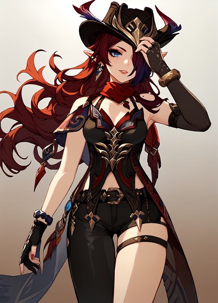(score_9, score_8_up, score_7_up), 1girl, chasca, hair over one eye, tricorne hat, red scarf, asymmetrical gloves, bracelet, half-leg pants, thigh strap, mole on shoulder, gradient background, (hand on headwear), <lora:chasca-giPO-v1b-000007:0.9>