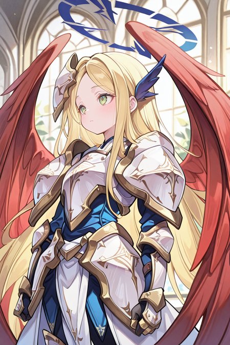 masterpiece, best quality, amazing quality, very aesthetic, absurd, newest, detailed eyes, <lora:illustrious_quality_modifiers_masterpieces_v1:0.8> , solo, <lora:ChamIllustriousBackgroundEnhancer:0.5>, detailed background,       <lora:Kitn_marietta_illust:0.9> , Kitn_marietta_illust, multiple wings, angel, gauntlets, wings, red wings, blue halo, armor, blonde hair, long hair, green eyes, 1girl, solo