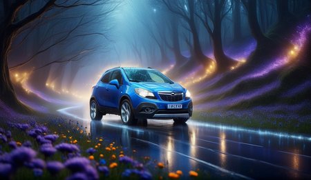 night, picture (amethyst with pearls) of a bewitching perspective of the Opel_Mokka_2012 car in a field of flowers, (rushes through the night: 1.2), a beautiful starry sky with blue backlight, strong lightning, (a direct beam of headlights pierces the thick fog: 1.4), an ideal ADDITIONAL COMBINATION of colors, decorated with luminous lights and bright fantastic intricate colors. shimmering reflections on a wet road, distant haze, cinematic, inspiring atmosphere, highlighting shapes, creating depth, drama, storytelling through shadows, contour color + light, photorealistic music album cover, vibrant psychedelic colors, streaming, Greg Rutkowski, high detail, high 8k detail quality, meadow Painstaking attention to detail (use Dream Diffusion secret tip)<lora:add-detail-xl:1> <lora:Opel_Mokka_2012:0.8> <lora:DonMP41n717Bl4ckXL:1.1> DonMP41n717Bl4ckXL <lora:Lightning_SDXL:0.8>