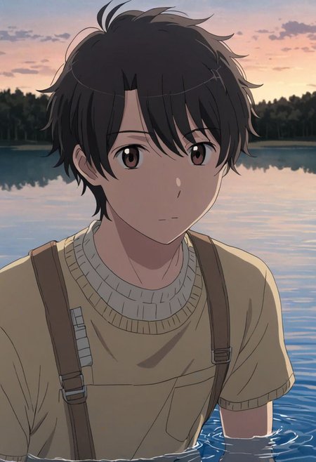 high resolution, solo, best quality, 1Boy, Inaho Kaizuka, Black Hair, Brown Eyes, swimming, natural lake, clear water, shirtless, shorts, sixpack, twilight, OverallDetail
