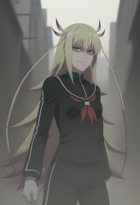 <lora:SlimesKanonIsui:1>, slimes_kanonisui, woman, solo, green eyes, alley background, evil smirk