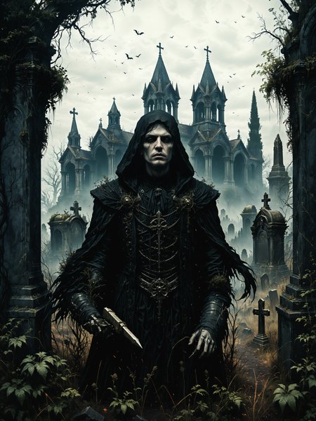 macabre style, digital illustration of Psionic infiltrator extracting information through mental probing, Forgotten, overgrown graveyard with ancient mausoleums in the background,,, dark, gothic, grim, haunting, highly detailed photorealistic, octane render, 8k, unreal engine, art by Artgerm and Greg Rutkowski and Alphonse Mucha   <lora:Misty_Vintage:0.5> <lora:xl_more_art-full_v1:0.5>