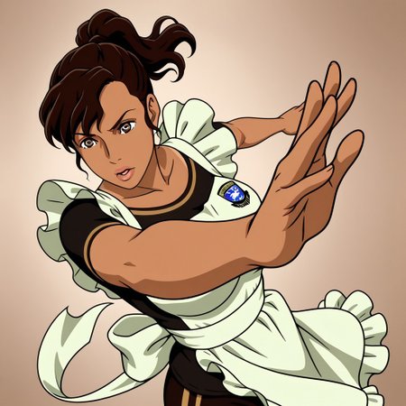 Margarita, 1girl, solo, tanned skin, dark brown hair with ponytail, brown eyes, lips, black shirt , insignia, white apron
dynamic pose, foreshortening, extreme perspective