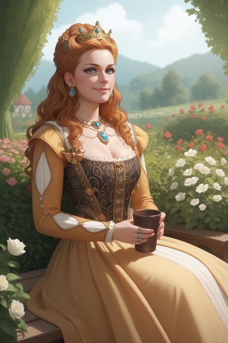 score_9, score_8_up, score_7_up, masterpiece, high quality
 <lora:Anna HenriettaPonyLoRA:0.8>anhnritta, long hair, wavy hair, crown, mole under eye, earrings, dress, necklace, gem, ring, sexy smile,  sitting on a bench in a garden, flowers, holding a cup