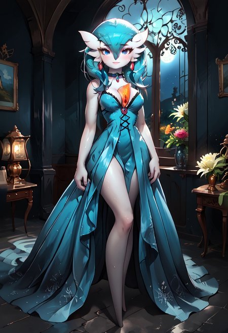 (((gardevoir))), female, anthro, pale white skin,
BREAK, (best quality:1.2),beautiful,perfect eyes,perfect face,1girl, masterpiece, best quality, Gardevoir, solo, <lora:Sotchosis-000018:0.7>, <lyco:GoodHands-beta2:1.0>(masterpiece:1.4), score_9, score_8_up, score_7_up, high detailed, high quality, masterpiece, quality highlights, 8k details, detailed background, source_anime, dynamic view, (ultra detailed), 
BREAK, Gardevoir, breasts, solo, blue_eyes, large_breasts, jewelry, earrings, hair_ornament, looking_at_viewer, long_hair, cleavage, night, white_hair, choker, indoors, bangs, flower, bare_shoulders, smile, dress, hair_ribbon, hair_flower, closed_mouth, blue_dress, window, ribbon, sleeveless, cowboy_shot, night_sky, blush, lamp
Detailed lines in high quality, shining glossy skin, soft lighting, soft skin, realistic skin, blum effect, masterpiece, absolutely eye-catching, oiled, sweaty, sweat drops, sweat, simple background, spotlight, dutch_angle, full body,
BREAK, (Background: dark fantasy , botanical garden:1.2), no humans, anime style