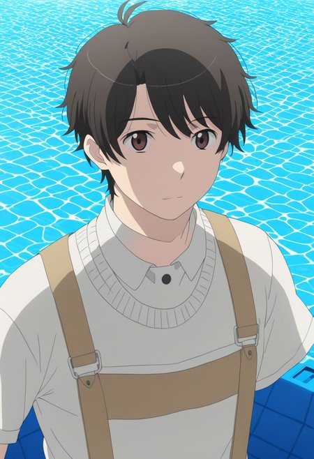 high resolution, solo, best quality, 1Boy, Inaho Kaizuka, Black Hair, Brown Eyes, pool, swim, shirtless, sixpack, shorts, looking at viewer, OverallDetail