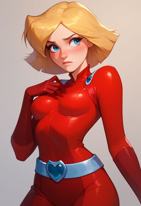 score_9, score_8_up, score_7_up,  1girl, medium breast, breast out, teared clothes, blush, clover \(totally spies\), blonde hair, short hair, blue eyes, red bodysuit, belt, cowboy shot