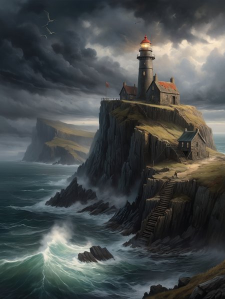 oil painting, A lonely lighthouse on a windswept cliff, surrounded by the remains of a forgotten fishing village and a mysterious cave system beneath the cliffs, dramatic clouds, dark clouds, (misty:1.5), fog rolling in, creepy atmosphere, dramatic light, (darkness:2.5) 34K uhd, masterpiece, high detail, 8k, intricate, detailed, high resolution, high res, high quality, <lora:add-detail-xl:1.8>, highly detailed, Extremely high-resolution details, fine texture,