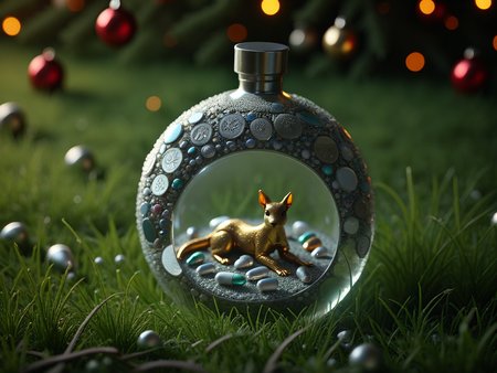 Animal Christmas, 
A translucent  pill shaped capsule if filled with a mystical scene of a mist covered stone circle rising from the grass. the background is of the deepest darkest black, with tiny pinpricks of light marking out an ancient, dying galaxy. the capsule radients a mysterious subdued glow
 <lora:Animal_Christmas:1>