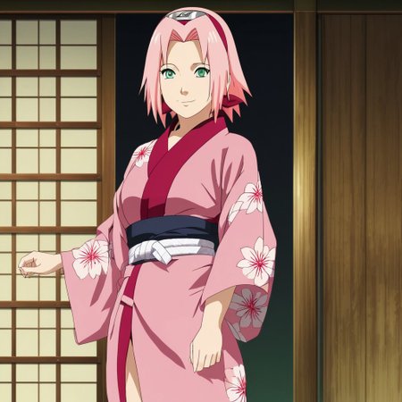rating:Safe, A hot and sexy picture of Sakura Haruno, flaunting her curves wearing a beautiful pink kimono , standing , full body view , forehead mark , green eyes , cute smile