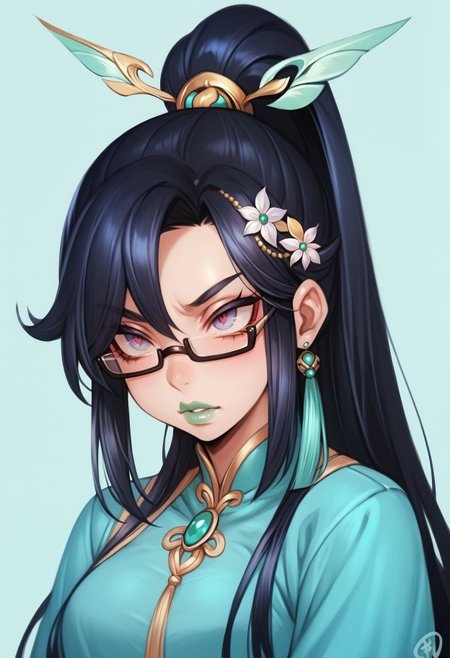 score_9, score_8_up, score_7_up, score_6_up, filemonte-dh, BREAK, dutch angle,xianyun gi, green lips,under-rim eyewear,ponytail,hair ornament,long hair,black hair  <lora:add-detail-xl:0.5> <lora:Artist_Style_-_Filemonte_PDXL:0.8> <lora:Xianyun XL PD v1 goofy:0.7>