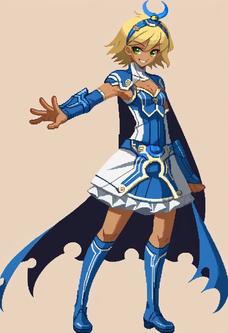 score_9, score_8_up, score_7_up, source_anime, BREAK, solo, 1girl, smile, looking at viewer, <lora:Under-Night-In-Birth-Sprites-pdxl_Fp:1>, simple background, full body, standing, <lora:zs_ArtemisXL:1>, artemissmtv, dark skin, blonde hair, short hair, green eyes, hair ornament, dress, cleavage, elbow gloves, cape,  thighhighs, kneeboots,