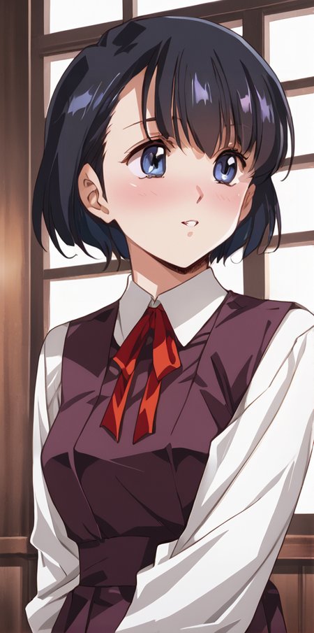 1girl,  absurdres, uncensored,
score_9, score_8_up, score_7_up, score_6_up, source_anime, zPDXL3,
(mature female),
BREAK
indoors, seductive smile, smile,
BREAK
,
BREAK
 koito, blue eyes, black hair, short hair, school uniform, shirt, white shirt, pinafore dress, neck ribbon, ribbon, red ribbon, thick eyebrows,  
<lora:Urushihara Satoshi_XL_PONY_V2:0.9>,<lora:edomaeelf:0.8>
