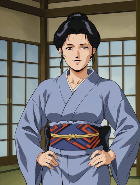 <lora:Michiyo-Adventure_Kid_1993:0.7>,Michiyo,mature female,1girl,solo,black hair,mole under eyes,retro artstyle,1990s (style),brown eyes,hair bun,kimono,cowboy shot,hands on own hips,looking at viewer,indoors,smile