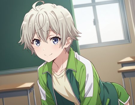 score_9, score_8_up, score_7_up, source_anime,
saikatotsuka, <lora:saika-totsuka-s2s3-ponyxl-lora-nochekaiser:1>,
saika totsuka, blue eyes, ahoge, grey hair, androgynous,
jacket, green jacket, shirt, white shirt, open jacket, shorts, green shorts, raglan sleeves,
indoors, classroom, bent over, smile,
looking at viewer, cowboy shot, solo, dutch angle,