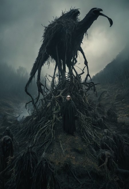 dream liminal space, strange land, abstract, folk horror, movie and character design, moody, (giant strange warped creature:1.1),giant, torches, flock of crows,creepy glow, gothic post-apocalyptic impressionism,mysterious,paranormal, Ivan Albright,Dragan bibin,nicola samori, looking up from below, (gopro shot:1.3),fisheye,eerie,eldritch, unsettling, creepy, suspenseful, grim,darkness,eerie atmosphere,fog, highly detailed