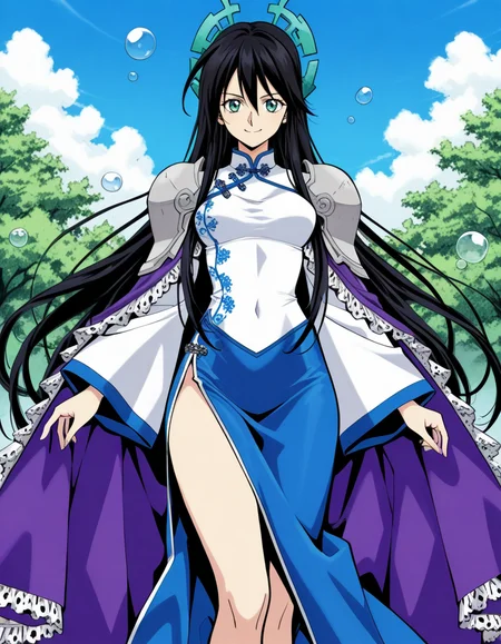 official style,Ryukichi kousyu,black hair,very long hair,green eyes,purple frilled cape,shoulder armor,wide sleeves,(white china dress:1.5),blue long skirt,bubble,from front,facing viewer,front view,front angle shot,shoot from front,straight-on,outdoors,sky,day,
explicit,soft brightness,perfect face,perfect nose, perfect hair, perfect eyes,perfect female body,perfect skin,a face of perfect proportion,perfect lighting,perfect anatomy,perfect proportion,perfect hands,perfect legs,perfect fingers,masterpiece,hair between eyes,
medium breasts,
perky breasts,best quality,very aesthetic,absurdres,16k,intricate detail,amazing quality,(bold:3.12),thick outline,black outline,harsh lines,soft lines,deluster,boldline,curvy,smile,slim,(hat:-1),(empty eyes:-1),(emphasis lines:-1),
looking at viewer,
super fine illustration,detailed linework,vibrant colors,kawaii,flat color,
 <lora:è¤å´ç«ç_å°ç¥æ¼ç¾©ç«åå¬ä¸»illustriousFujisaki_Ryu_version_style_Houshin_Engi_Princess_Ryukichiillustrious:1:0.8>