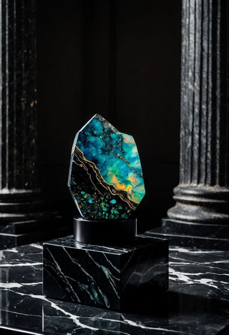 Fujifilm XT3, Sony A7 IV, (award winning photography) a (black: 0.89) marble hand made of opal (Kintsugi: 0.89) set on a pedestal in temple, glistening. in the background beautiful pillars, divine (iridescent: 0.79), opalescent textures, volumetric light, ethereal, sparkling, studio photo, highly detailed, sharp focus (highest quality: 1.39) (highest coherency: 1.39) (award winning photography), highly detailed photography, (muted colors, cinematic, dim colors, soothing tones:1.2), vibrant, insanely detailed, hyperdetailed, (dark shot:1.2), (vsco:0.3), (intricate details:0.9), (hdr, hyperdetailed:1.2) (vignette), sss, raw photo, fijifilm, kodak, cinematic film grain