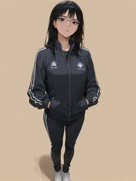 masterpiece,best quality,amazing quality,very aesthetic,absurdres,newest,
front view,full_shot,Raised eyebrow with interest,
ShimizukiyokoCYQL,1girl,solo,long hair,black hair,black eyes,glasses,semi-rimless eyewear,mole,mole under mouth,black jacket,track jacket,track suit,black pants,shoes,
full body,standing,covering_eyes,,
rosybrown background,simple background,
<lora:ponyv4_noob1_2_adamW:0.7>,<lora:spo_sdxl_10ep_4k-data_lora_webui:0.6>,<lora:USNR STYLE_XL_loha:0.45>,<lora:illustrious_all_rated_v1:0.7>,<lora:96YOTTEA-WAI:0.8>,,<lora:ShimizukiyokoCYQL:1>,