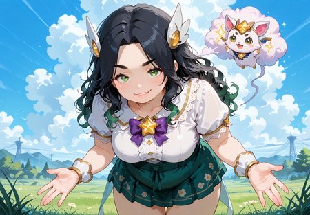 IllusP0s, PonyScores7, source_anime, ah1, IllustriousQual, interesting, exciting, spectacular, wonderful, 
BREAK <lora:xl_more_art-full_v1:0.2>, <lora:aesthetic_anime_v1s:0.2>, <lora:EpicF4nta5yXL:0.2>, <lora:detailxl:0.2>, detailxl, <lora:Fant5yP0ny:0.2>, amazing quality, best aesthetic, absurdres, illustration, Volumetric_Lighting, ultra-detailed, very aesthetic, intricate details, best_quality, <lora:Anime_Aesthetic_Wallpaper_StyleIllustriousXL:0.4>, aniwall,
BREAK ((A swirling cloud of golden sparks pours from her palm, sparkling in the light)),
BREAK Stable_Yogis_PDXL_Positives, AS-Adult, <lora:Complicated fantasy portrait - XL Pony V2.0:0.2>, bad-hands-5, <lora:HDA_Detailer:0.3>, <lora:natsumi_style:0.5>, <lora:by_usakun-pony:0.4>, by usakun, <lora:Akina_Bbw_Style_-_PonyXL:0.2>, AkinBw, ((romantic Bohemian fashion style, blending romantic and bohemian elements, features flowing fabrics, lace details, and floral prints, evoking a dreamy and whimsical vibe)),
BREAK 1girl, mature female, (curvy), round-chin, caucasian, <lora:ETO_OC_Illustrius:0.5>, eto_oc, skindentation, (plump), thick thighs, wide hips, busty, voluptuous, <lora:venus body PonyXL:0.3>, <lora:shinyskin2:0.2>, glistening skin, HDA_FatGirlXL, round ass, large breasts,
BREAK ((<lora:shistarguardianV1:0.8>, shistarstylerng, starguardianstyle, magical girl, alternate costume, star guardian \(league of legends\))),
BREAK (curly hair), long hair, (black hair:1.4), (parted hair:1.7), messy hair, kinky curls, <lora:hairdetailpxl:0.2>, hairdetailpxl,
BREAK (half green and brown eyes), (colorful eyes), (multicolored eyes), (downturned eyes:1.4), <lora:expressive eyes:0.2>, expressive eyes, <lora:eyedetailpxl:0.2>, eyedetailpxl, <lora:Eyes_High_Definition:0.2>, EyesHD, (round face:1.2), (thick eyebrows:1.3), (plump face), <lora:Round_face:0.2>, lips, 
BREAK ((smirk expression)), <lora:Expressive_H:0.2>, Expressiveh, <lora:Emotional_Anime_Expressions_PonyXL_Concept:0.2>, emotional, <lora:Best_Facial_Expression_LoRA_PONY:0.2>, looking at viewer, <lora:Detailed expressive EXEV style -XL Pony V1.0:0.2>, FaceDetail, <lora:Best_Facial_Expression_Helper_XTREME_ILLU:0.4>, kaogei,
BREAK (((Fresh produce))), <lora:Background Detailer - SDXL:0.8>, 4k, 8k, Ultra HD, Masterpiece, Best quality, Detailed background, <lora:Add_more_details_V2_XLpony:0.4>, full_details, <lora:background-type1:0.4>,