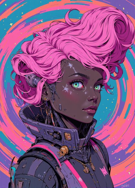 <lora:ck-Sci-Fi-Concepts:0.7>, in the style of ck-sfc, a whimsical alien cyberpunk humanoid android with wide, sparkling eyes in shades of turquoise and teal, filled with childlike curiosity. Her smooth, dark skin contrasts with her bubblegum pink, wavy hair that bounces around her face in playful curls. mechanical parts on neck and armor, the background is a vibrant swirl of candy colors—soft magentas, electric blues, and playful oranges—resembling a cosmic candyland. joyful, energy, like an alien pop star from a far-off, cheerful galaxy. The entire image exudes charm and fun, blending futuristic tech with a candy-colored fantasy.
<lora:ck-nc-luminal-genesis:0.8>
<lora:flux.1_lora_flyway_Epic-detail_v2:0.6>
<lora:CPA:0.5>
<lora:BLUE_mk4_angel_FLUX_01:0.30>