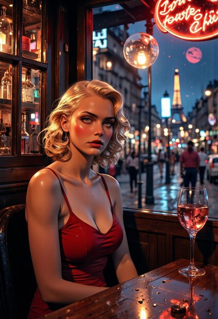 natural skin, A close-up, stylized portrait of a young woman sitting alone in a dimly lit 1980s night café, exhausted and with a worn, sorrowful expression. She holds a glass of wine, as she gazes distantly out the large café window. Her appearance resembles Marilyn Monroe, with soft, platinum blonde curls, bold burgundy lips, and a striking red dress that contrasts with her pale, distressed face. Behind her, the nighttime Paris street scene unfolds: the Eiffel Tower is visible in the distance, softly illuminated, with people walking by under warm, glowing streetlights. The café ambiance is nostalgic and retro, with muted neon lights casting a gentle glow across her face. Reflections in the window add depth, and the color palette blends deep reds, soft blues, and warm yellows, creating a somber yet timeless mood. The lighting is dramatic. The image is styled with a muted color palette, The image has a slightly desaturated, moody aesthetic, with soft lighting. The overall aesthetic is ethereal and slightly melancholic yet intimate, reminiscent of fine art photography. High detail, cinematic lighting. (cinematic, film grain:1.1), The style is reminiscent of Japanese fashion photography. soft natural lighting, intricate details, detailed, high quality, 8k, style of Light painting, aidmaglow, Expressiveh,