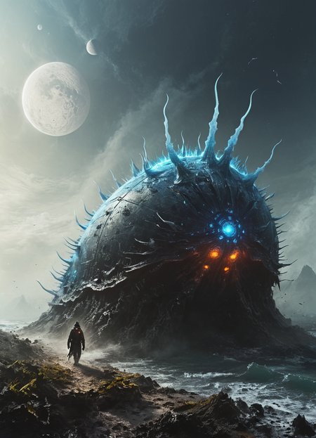 living spaceship in the form sea slug, lands, planet, attack angle, 8k  <lora:LeafSheepSeaSlug:0.1>  <lora:Desolation:0.7>