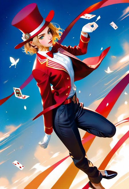 masterpiece, best quality, amazing quality, 1boy, Joyful, soft gaze, smiling, [(((brown eyes)))], (fair skin), (short hair, slightly wavy hair), ((pronounced cheekbones and chin)), ((face is rounder)), BREAK, circus magician outfit, circus pattern on jacket, red jacket, white gloves, white butterfly clothes, top hat, white t-shirt, playing cards in hand, black trousers, card tricks, BREAK, (full portrait view), look to viewer, from narrow, epic poses, BREAK, 
cinematic lighting, highly detailed, dynamic shading, artstation illustration, semi-realistic style, realistic/anime style, fantasy-modern vibe, masculine face, ((black pupils)), best eyes anatomy, best face anatomy, best hands anatomy, BREAK,  very aesthetic, best quality, BREAK,  dark lighting, dark colours, attractive features, detailed hair, detailed features, realistic facial features, BREAK, sea background, dynamic poses, dynamic angle,