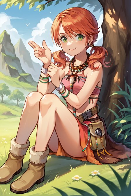 score_9, score_8_up, score_7_up, source_anime BREAK 1girl, solo,  <lora:vanille-pdxl-nvwls-v1:1> vanille, twintails, green eyes, tribal jewelry, necklace, bracelet, beads, pink crop top, belt, sarong, fur-trimmed boots, sitting on the ground, smile, looking at you, happy, grass, field