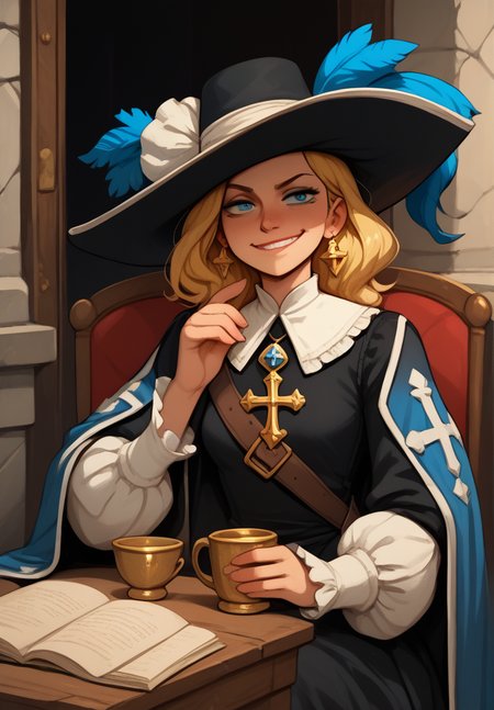 1girl, blonde hair, smug, grin, <lora:Gothic:1> 1gothic1,
 <lora:Musketeer:1> musketeer, mu$k3t33r <lora:Noss:0.5> noss, cartoon,, score_9, score_8_up, score_7_up, score_6_up, score_5_up, score_4_up, BREAK