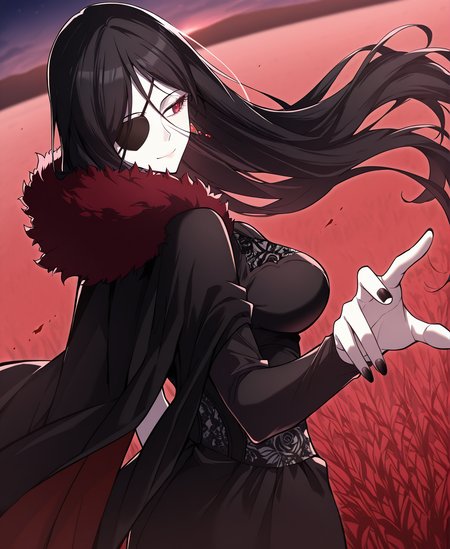 <lora:Hailey_Orga:1>
1 girl, solo, red eyes, black hair, long hair, hair between eyes, pale skin, large breasts
black dress, bridal gauntlets, cape, earrings, eyepatch, fur trim, black nails, black fingerless gloves, high heels, pantyhose, single glove
score_9, score_8_up, score_7_up, very aesthetic, source_anime, detailed, high quality, beautiful, masterpiece, detailed eyes, field, blurry background, pose dynamic angle, upper body, cowboy shot, light smile, looking back, reaching out, floating hair