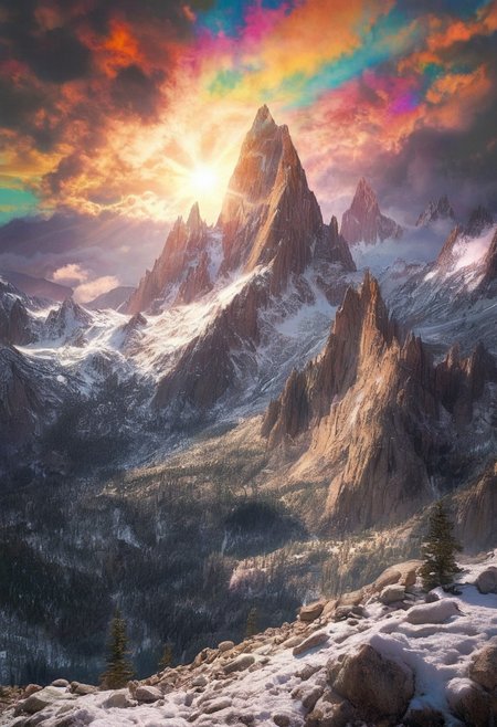 alpine-psychedelic vista, crystalline granite peaks, fractal snow patterns, volumetric light beams, monochromatic reality dissolving into sacred geometry psychedelic ansel adams in color,  harmony, serenity,, best quality, photorealistic, extremely sharp focus, light leaks, unusual colors, abstract multilayer texture, by Abigail Larson , detailmaximizer, midjourneyv6.1,