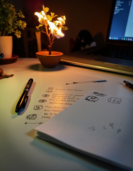 A photo of a neat desk, with a few pens, pencils, and papers scattered across its surface. A small potted tree can be seen on fire in the background., <lora:amateurphoto-v5-14-15-1-1:0.4> <lora:Another_Amateur_Lora:0.4> <lora:Phlux:0.4> <lora:UltraRealistic_Lora_Project:0.4>