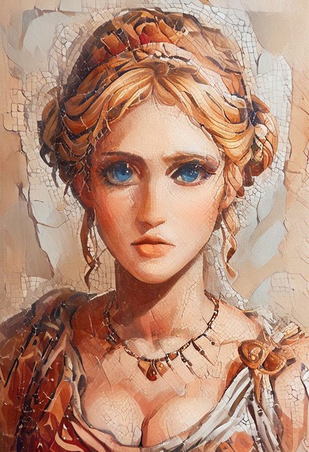 Roman mosaic of,  score_9, score_8_up, score_7_up, rating_questionnable, 18yo beauty czech girl,  solo, dynamic pose, blonde hair, (half updo), blue eyes, lips, collarbone, big tits, cleavage, necklace, jewelry, patterned dress, looking at viewer, indoor
