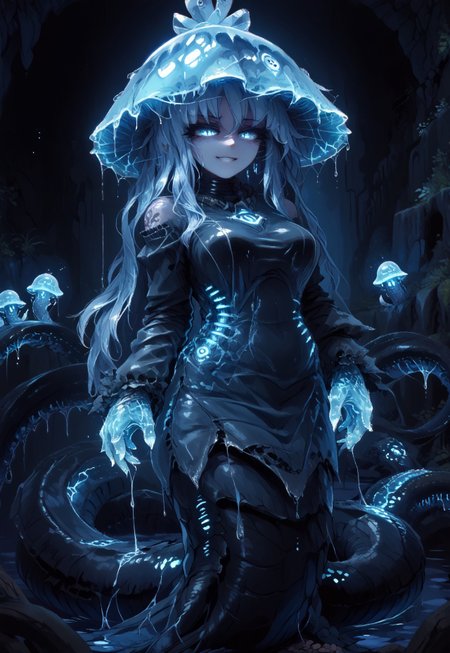 safe_pos,  1girl, solo focus, perfect anatomy,theob,tentacle monster girl,((lamia)),((jellyfish hat)),(tiny crown on head),((long silky hair,wet hair)),(scylla monster),extra tails,ais-blmn,
BREAK
(score_9, score_8_up, score_7_up), 1girl,light blue colored skin, white skin,glowing blue eyes,seductive smile,smirk,half closed eyes,perfect breasts,(gigantic fleshy tail:1.4),jellyfish stingers,fins on hips,dark blue nipples,fleshy luxury tight suit,(muscular tail:1.3,marked veins),(monster hands,tentacles protruding from back)
<lora:MGE_V5.0:1.2>
BREAK
erotic pose,(hip sway),bending to the side, detailed background,(((tight clothes))), wet clothes, dripping liquid,(thick tentacles), pubic tattoo, glowing tattoo, messy hair, blue tattoo,((circular gills on abdomen)),electric static,bioluminiscent,glowing tail,glowing tattoo,
dynamic angle, side shot,huge tentacles,partially submerged
BREAK
dark cave scenery,lake,cave river,sparkle eyes,NegativeDynamics,scenery,bleakfaith,
