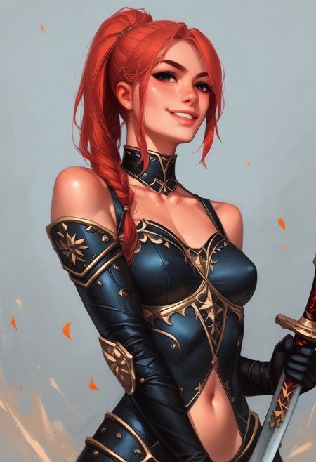 score_9,score_8,score_7,source_anime, rating_safe, colorful, 1girl, blond hair, ponytail, small breasts, red body armor,bare shoulders, collarbone, navel, (holding sword:1.5), wind, (light red skin:1.5)
evil smile,
(upper body:1.5),
side view,
from below,
looking at viewer, battle field, explosion, smoke, standing, dynamic  pose, <lora:Expressive_H:1>expressiveh <lora:m4a1:1> anime, m4a1
((full-clothed))
BREAK 
strange world background score_9, score_8_up, score_7_up, score_6_up, source_cartoon, rating_explicit, Expressiveh, (((((uppper body))))), dynamic pose