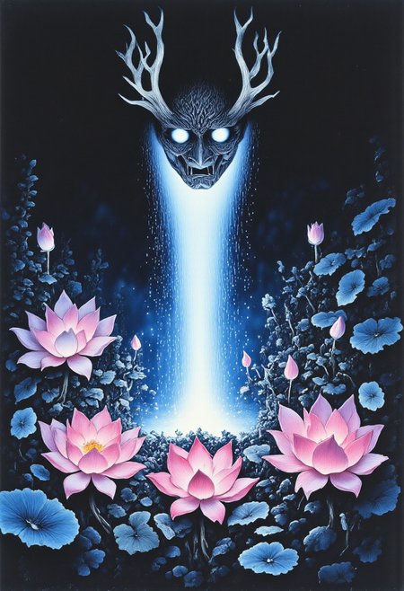 ArsMovieStill, movie still from a 1970s horror movie Studio Ghibli Dark Fairytale depicting a cursed hannya mask with horns and fangs blooming out of a blue lotus in a liminal bonsai garden with eerie radiating cyan and magenta miasma satyr