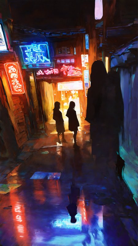masterpiece, newest,absurdres,incrediblvy absurdres, best quality, amazing quality, very aesthetic, 
2girls, city alley at night, neon signs, dramatic shadows, puddle reflections, cinematic lighting,
 <lora:Face_Enhancer_Illustrious:0.4> <lora:hidream_painterly_v1_1653283:1> painterly, brushstroke, oil painting \(medium\) <lora:Anime_artist_illustrious_r1:0.8> Anime-art, Art8st <lora:0__11Xx:1> 0__11Xx_illu