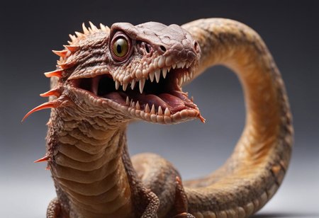 masterpiece, best quality, awsome details, smal fragile monster, skin like a snake, no nose, 3 tongues, 3 eyes, shapre long stick out teeth