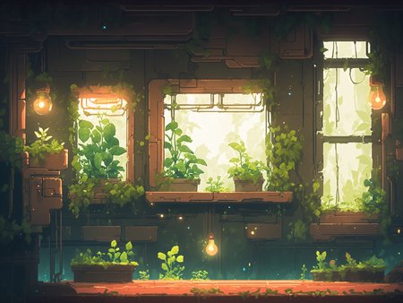 NH2D, NH2D, a room with a bunch of plants and a bunch of lights on it and a bunch of plants growing out of the windows,<lora:2dmap:1>