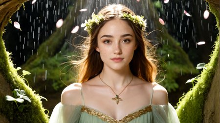 <(Photo of Olivia_Eneftees intense stare at viewer, enigmatic (mushroom:0.7) magician:1.2), (casting druidic nature magic:1.1), (explosive spell effects of blooming vines, glowing petals, ethereal pollen:1), (standing on a moss-covered stone platform:1), (dense enchanted forest background:0.8), (radiant bioluminescent flora swirling around her:1), (long flowing green and gold robes embroidered with leaf motifs:1), (style of Stephanie Law), (sunlight breaking through canopy, catching magical particles in midair:1), (motion of wind through leaves and hair:1), (arcane glyphs glowing midair, ephemeral runes trailing from her fingers:1.3), (intense expression of focus and serenity:1), (dynamic composition with top-down lighting and soft mist around feet:1), (wildlife watching silently from the shadows:0.6) (background of ancient elven ruins entangled in roots and flowers:0.7), (gentle rain sparkling with fae magic falling around her:0.9), Photo of Olivia_Eneftees>