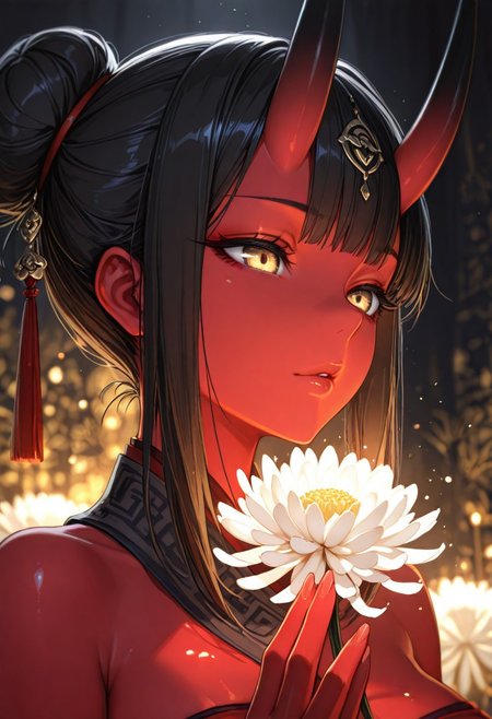 masterpiece, best quality,high quality, newest, highres,8K,HDR,absurdres,4ur4_illu,shiny, <lora:Aura_illu:1>,4ur4_illu, 1girl, depth of field, 
BREAK
(EyesHD:1.2), (4k,8k,Ultra HD), masterpiece, best quality, ultra-detailed, very aesthetic, sharp focus, depth of field, ray tracing, best lighting, detailed illustration, detailed background, cinematic, glowing particles, shinny, glitter, beautiful face, beautiful eyes, 
BREAK
ambient occlusion, raytracing, soft lighting, blum effect, masterpiece, absolutely eye-catching, particles, glow, shining, intricate cinematic background, 
BREAK
masterpiece, amazing quality, best quality, ultra-detailed, 8K, illustrating, CG, clear skin, ultra-detailed-eyes, detailed background, cute girl, eyelashes
BREAK
(Sexy, slutty, aroused)
BREAK
Aka-Oni, oni, colored skin, (red skin:1.3), smooth horns, black horns
BREAK
 hanfu, double hair bun, (Sexy lips), red cloth draped figure, white chrysanthemum, conceptual portrait, anonymous subject, obscured human form, mysterious atmosphere, minimalist composition, dark moody lighting, rich textures, monochromatic scheme,best quality,masterpiece,